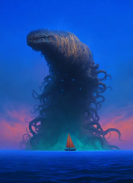 artist:, masterpiece, best quality, newest, very awa, absurdres, highres, mnsr, huge monster, glowing eyes, teeth, sailboat, daytime, fog, sunshine, ocean, sky, stars, detailed, <lora:SDXL\Illustrous\Monster_Concept-Illu-mnsr:1.0>
