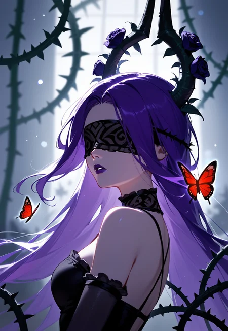 score_9,score_8_up,score_7_up,source_anime,year 2023,1girl,solo,red black and purple theme,strong picture,dark,upper body,side_face,sad,parted_lips,looking back,floating purple hair,black dress,bare shoulders,{{{delicate and beautiful eye}}},gothic,black rose,thistles and thorns,flora,fog,red butterfly,underlighting,bokeh,blurry background,strong visual impact,film lighting,from side,SyndraWR, 1girl, solo, black halo, purple long hair, blindfold, purple lips,