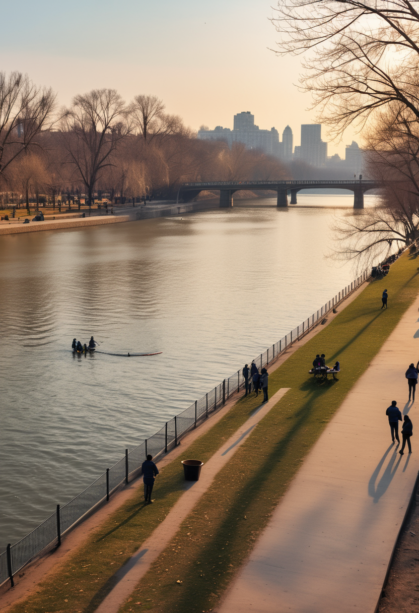 photo of riverside park, volleyball court near the water, people fishing along the banks, paddle boats in the river, lush greenery around, during winter, in the afternoon ,Masterpiece,best quality, raw photo, realistic, very aesthetic