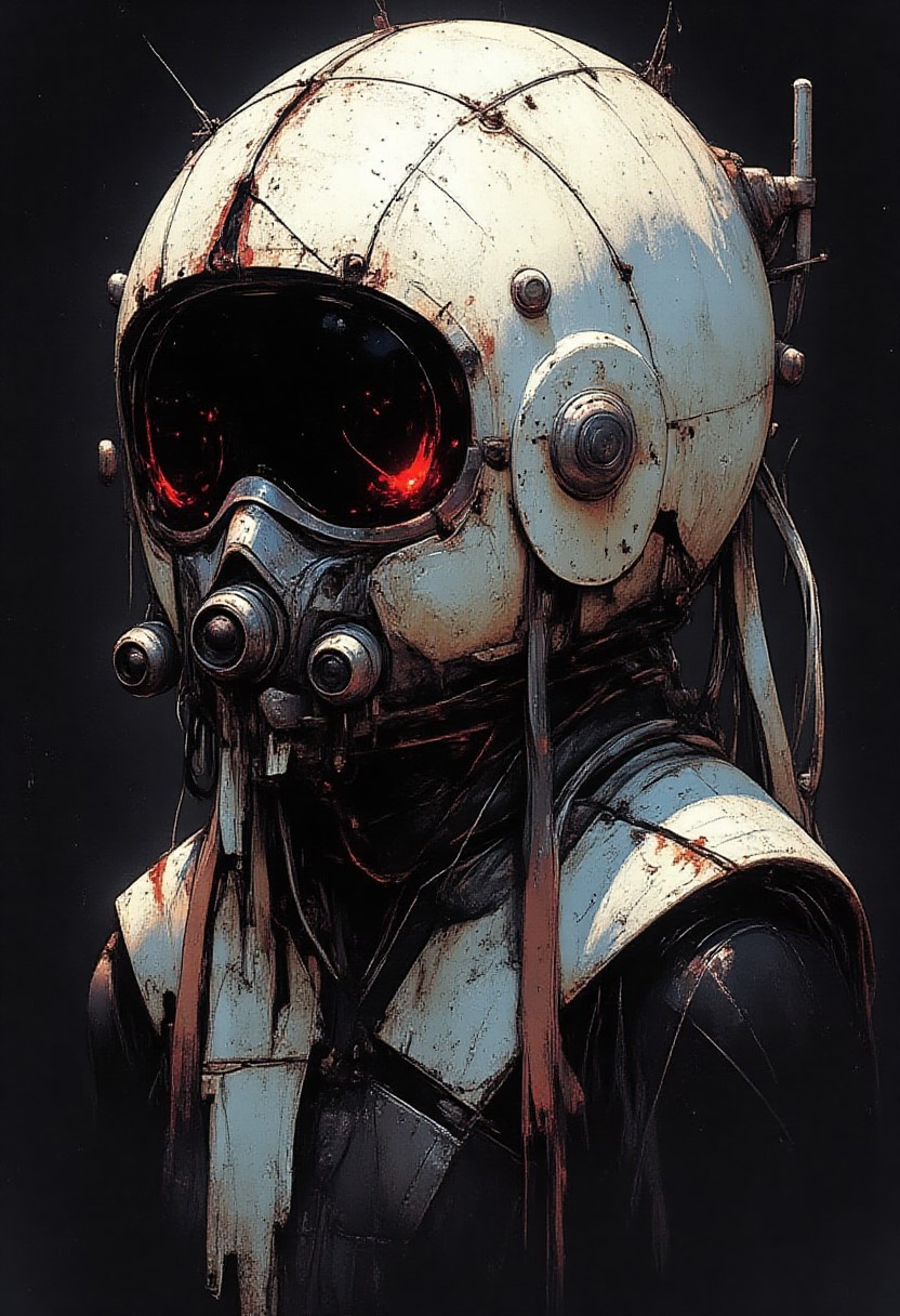 pixel style, pixel art,  Detailed depiction of a section of a spacecraft, likely an EVA helmet or component, in a dark space environment.  Large, curved, segmented panels of white metal with visible rivets and seams form the central composition.  Cracks and imperfections are clearly visible on the white surface, adding a sense of age and wear.  Complex, intricate mechanical parts and wiring are exposed, providing a view into the spacecraft's interior workings.  The composition is from a slightly elevated, angled perspective, showcasing the intricate structure and curvature of the section.  Dominant colors are shades of dark gray, black, and white, with subtle variations and highlights.  The lighting is dramatic, emphasizing the texture of the metal components.  The background is absolute black void of space, showcasing the spacecraft's position and size.  The overall mood is one of starkness and technological precision in a vast and unknown expanse.  High-detailed, realistic representation of aerospace engineering, emphasizing precise form, intricate machinery, and space environment.