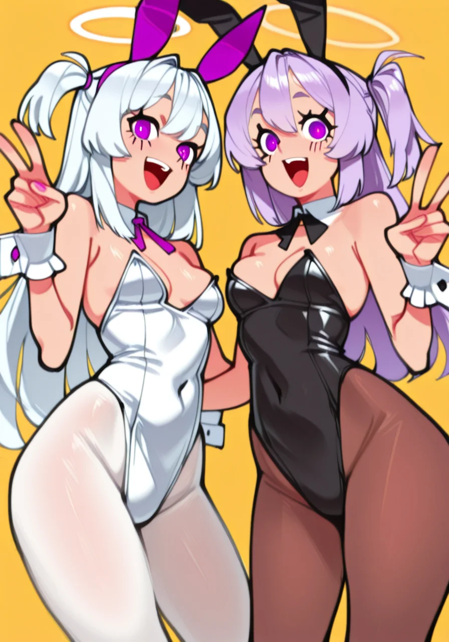 2girls, :d, animal ear hairband, animal ears, black leotard, brown pantyhose, fake animal ears, hairband, halo, headgear, leotard, multiple girls, pantyhose, playboy bunny, purple eyes, purple hair, rabbit ear hairband, rabbit ears, smile, two side up, v, white hair, white leotard, white pantyhose, wrist cuffs, BREAK character_concept, cowboy_shot, (dutch_angle:1.25), masterpiece, best quality, amazing quality, very aesthetic, absurdres, modern, recent, newest, <lora:Sketchylla_IL_Style_epoch_4:1.6> 5k3tchy114, sketch