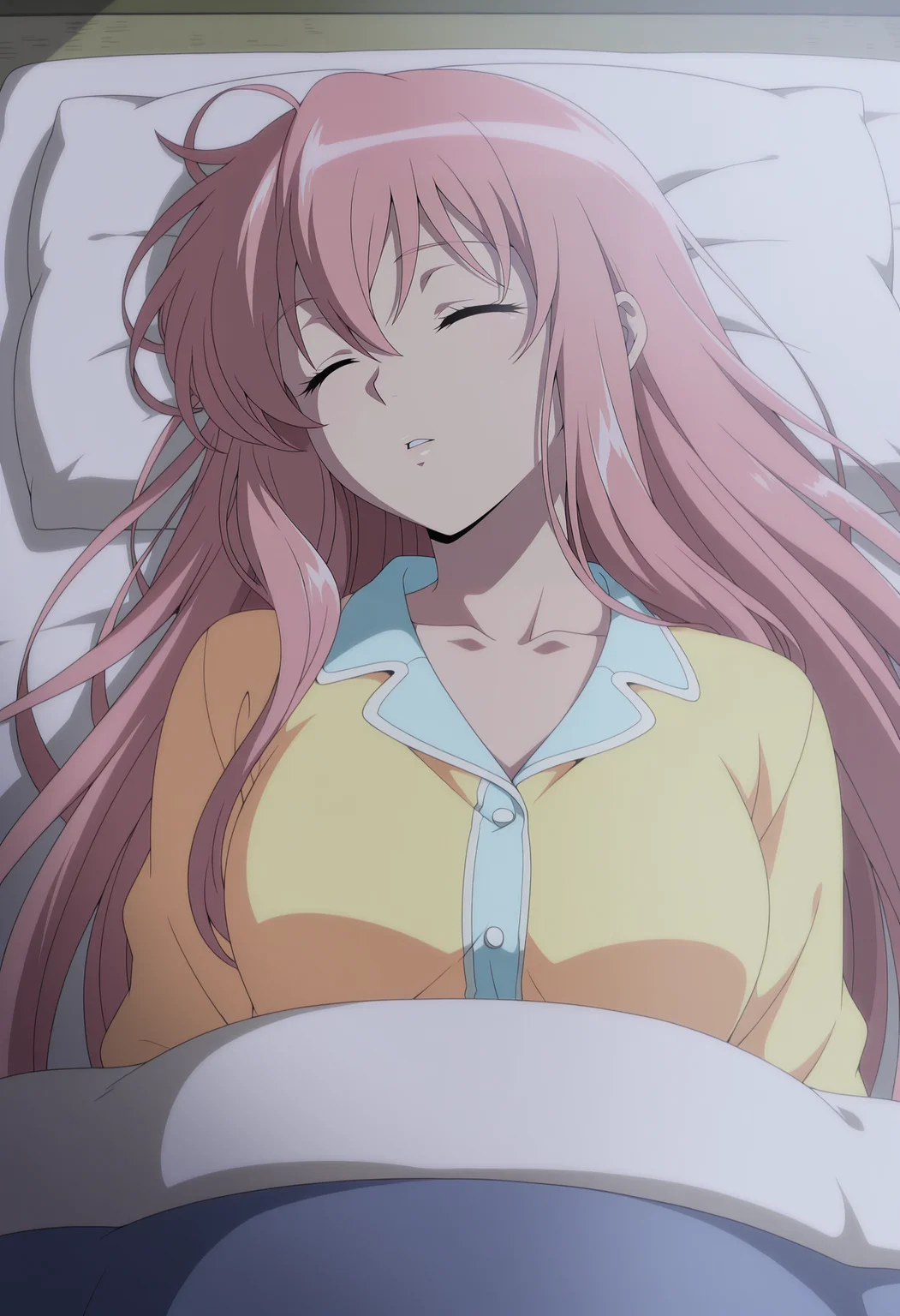 1girl,solo,mm,aged up,long hair,pink hair,closed eyes,anime coloring,
pajamas,lying,on back,futon,pillow,sleeping,parted lips,
,masterpiece,best quality,amazing quality,<lora:Mayura_Daidouji-Matantei_Loki_Ragnarok:0.8>