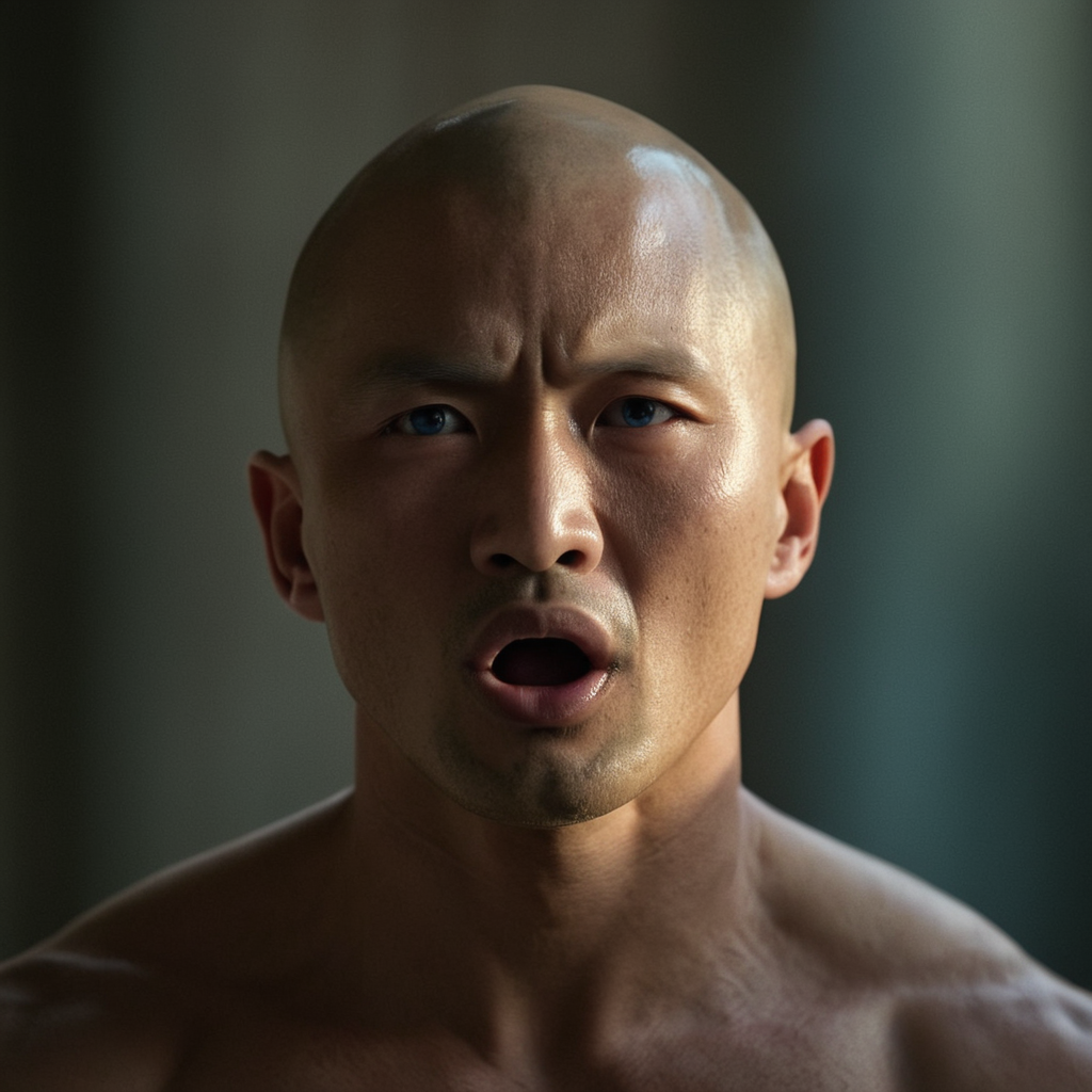 cinematic film still of  <lora:James Bond 007 style:0.9> detailed sharp image of
Tang Ling Zao a bald man with a bald head and no shirt,solo,open mouth,blue eyes,1boy,male focus,realistic,bald , dramatic light, dramatic shadow light, contrast, cinematic color, cinematic look, filmic, realistic, realism, perfection, perfect, Kodak, Kodak film, movie still, spy film, action themed, espionage, James Bond style, James Bond film style, 007 style, 007 film style, shallow depth of field, vignette, highly detailed, high budget, bokeh, cinemascope, moody, epic, gorgeous, film grain, grainy