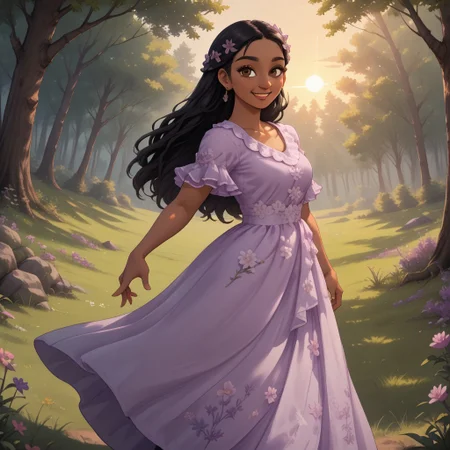 score_9, score_8, BREAK, solo, black hair, brown eyes, flower hair ornament, earrings, dark skin, dark skin female, lavender long dress, purple shoes, Isabela_Madrigal_(Encanto), cute, sexy pose, self portrait, smile, outdoors, sunlight, shadows, evening lighting, natural lighting, forest, trees, grass, orange sky, sunset