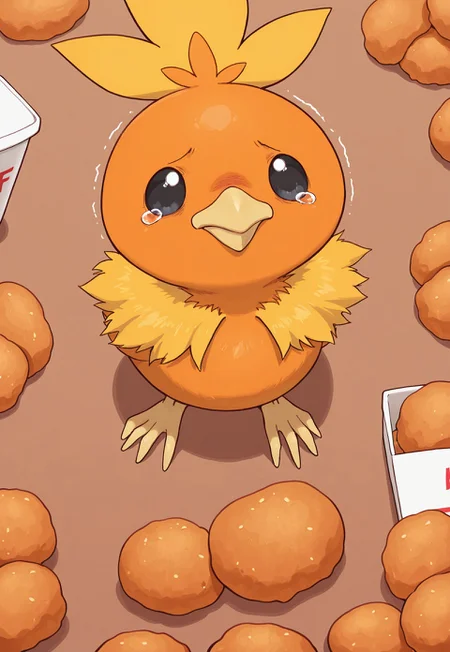 masterpiece, best quality, amazing quality, very aesthetic, absurdres, PKMN_Torchic, 1other, solo, no humans, black eyes, orange feathers, yellow feather collar, yellow feather hair, scared, tearing up, standing,
chicken nuggets, kfc, on table, perspective, too many chicken nuggets