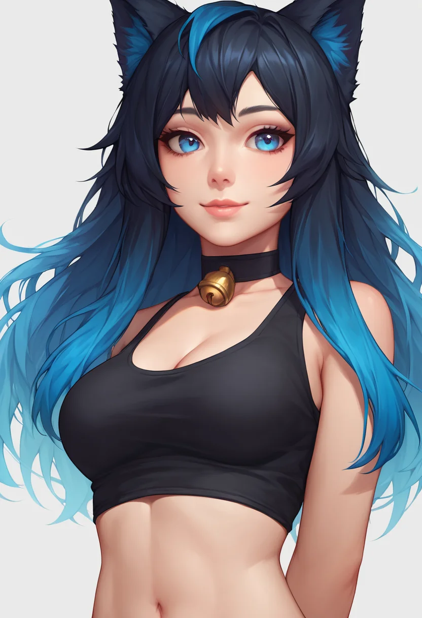 score_9, score_8_up, score_7_up, 1girl, solo, Akidearest, long hair, multicolored hair, blue hair, black hair, animal ears, neck bell, detailed eyes, perfect face, perfect eyes, sexy, sexy girl, beautiful eyes, petite body, medium breasts, standing, arms behind back, posing, light smile, simple background, from below, dynamic angle, <lora:Akidearest_-_Hentai_Version:1>