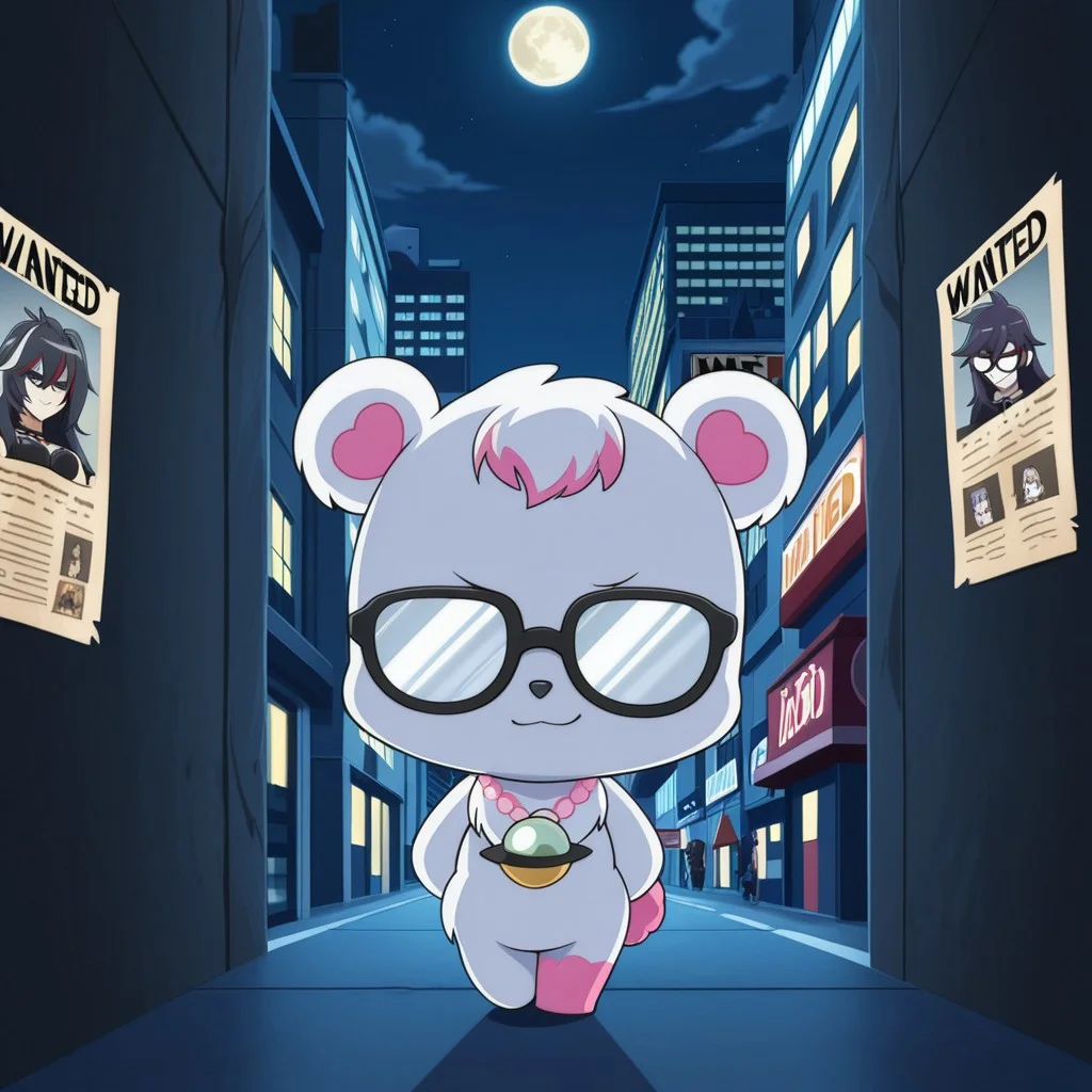best quality, masterpiece, smirks, Full Body, Romantic, Small, Body, Furry, labrajp, chibi, feral, multicolored hair, pink tail, tufted fur, furry, one pink leg, necklace, bear, agent outfit, agent suit, agent pants, spy glasses, target buzz, wanted poster, wanted poster saying, "buzz wanted", city, late night, midnight, placing wanted poster onto wall, moon light, holding wanted poster, carry wanted posters, walking around city, writing on wanted poster said" BUZZ WANTED"