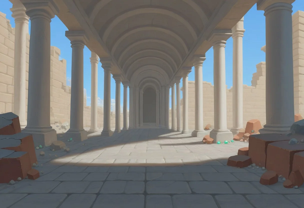 best quality, masterpiece, amazing quality, very aesthetic, absurdres,
indoors, no humans, ancient ruins, pillars, stone, brick, rubble