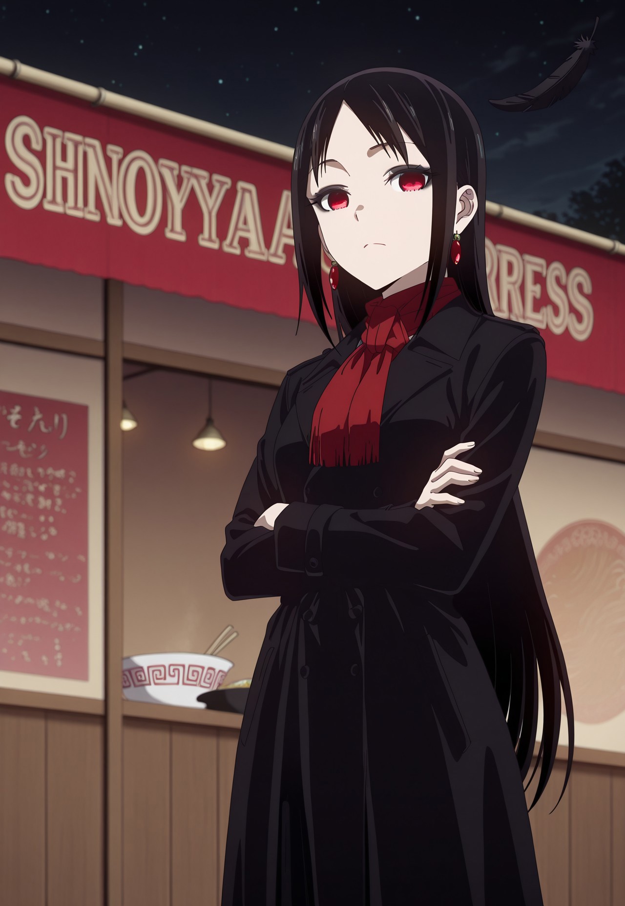KaguyaSamaStyle, beautiful_darkness_style,

milf, mature, 30s,

1girl, solo,

kaguya shinomiya, 

light skin, short hair, black hair, very long hair, hime-cut, red eyes, small breasts,

black eyeshadow,

wealthy coat, black coat, feathers, red neck scarf, black kilt, red earrings,

looking at viewer, stoic, crossing arms,

ramen shop, night
