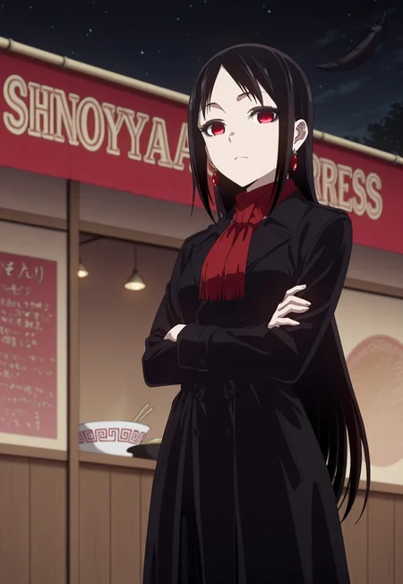 KaguyaSamaStyle, beautiful_darkness_style,
milf, mature, 30s,
1girl, solo,
kaguya shinomiya,
light skin, short hair, black hair, very long hair, hime-cut, red eyes, small breasts,
black eyeshadow,
wealthy coat, black coat, feathers, red neck scarf, black kilt, red earrings,
looking at viewer, stoic, crossing arms,
ramen shop, night