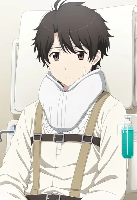 high resolution, solo, best quality, 1Boy, Inaho Kaizuka, Black Hair, Brown Eyes, sick, bandage, helpless, patient, hospital, infusion, OverallDetail