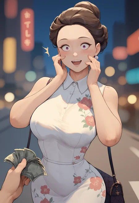 score_9, score_8_up, score_7_up, 1girl, solo, pov hands, holding money, hand on own cheek, adjusting collar, mature female, forehead, single hair bun, surprised, blush, open mouth, upper teeth, smile, large breasts, collared dress, floral print, sleeveless dress, makeup, street, blurred background, detailed background, cityscape, depth of field, handbag, wide hips, earrings, jewelry, looking down, looking down at viewer, <lora:csr_pd_unet_t2:1.0>