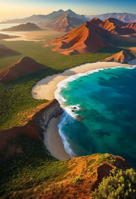 Panoramic vista, dynamic aerial view over an expansive mosaic of nature: lush ancient forests, rugged coastal cliffs, golden arid desert dunes, and soaring mountain ranges. Eye-level perspective emphasizing intricate textures, natural gradients, and atmospheric serenity. Low-angle composition capturing towering, timeless peaks against radiant dusk skies. Vivid emerald foliage harmonizes with shimmering ocean blues and warm desert tones, creating a surreal blend of diverse biomes. Detailed textures, natural lighting brilliance, ambient mists, and organic spatial composition enhanced by 8k quality, masterpiece intricacy, and vivid realism. Serene, unspoiled terrain, enchanted natural fusion, and a brilliant color palette combine for a remarkable, immersive visual experience.