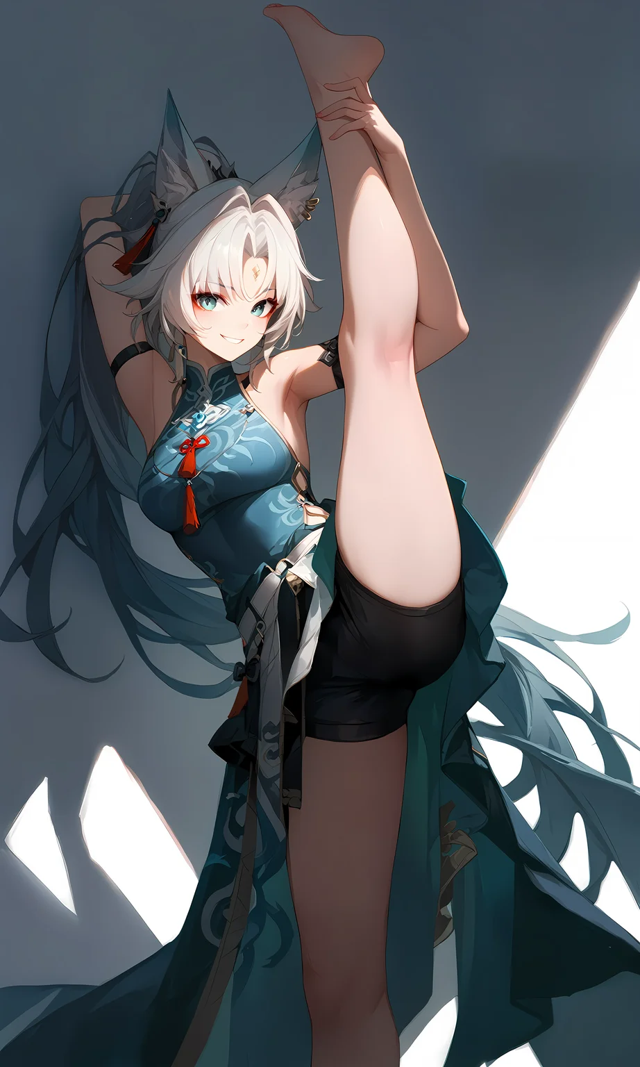 (score_9, score_8_up, score_7_up), 1girl, solo, feixiao, bare shoulders, arm strap, half-skirt, standing split, barefoot, smile, white background, <lora:feixiao-strPO-v1A:0.9>