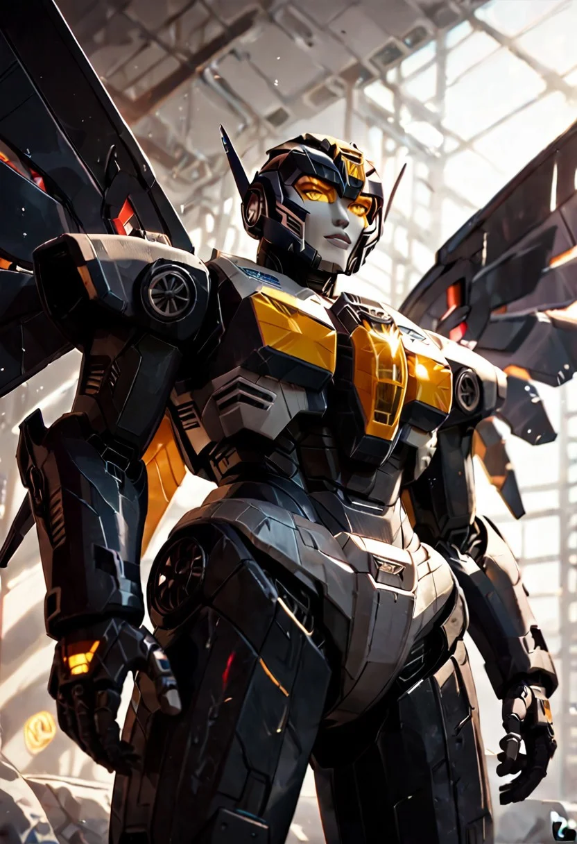 score_9_up, score_8_up, score_7_up,score_6_up, view from below, rating_safe, style_comics, transformers g1, ((decepticon))), transformers, starscream, robot with jet wings, green crystal in middle of chest, fans on sides of chest, vents on sides of head, black and purple, model pose,
