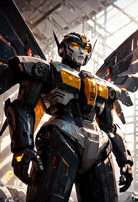 score_9_up, score_8_up, score_7_up,score_6_up, view from below, rating_safe, style_comics, transformers g1, ((decepticon))), transformers, starscream, robot with jet wings, green crystal in middle of chest, fans on sides of chest, vents on sides of head, black and purple, model pose,