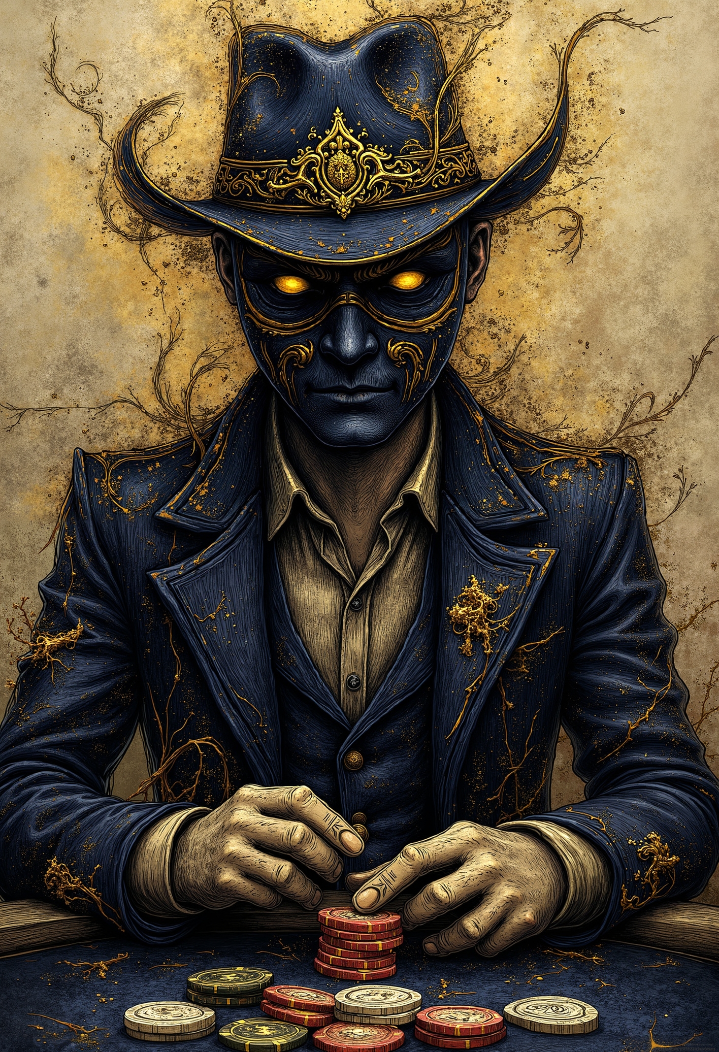 pst006,a high fantasy male character wearing face mask and counting poker chips on a table