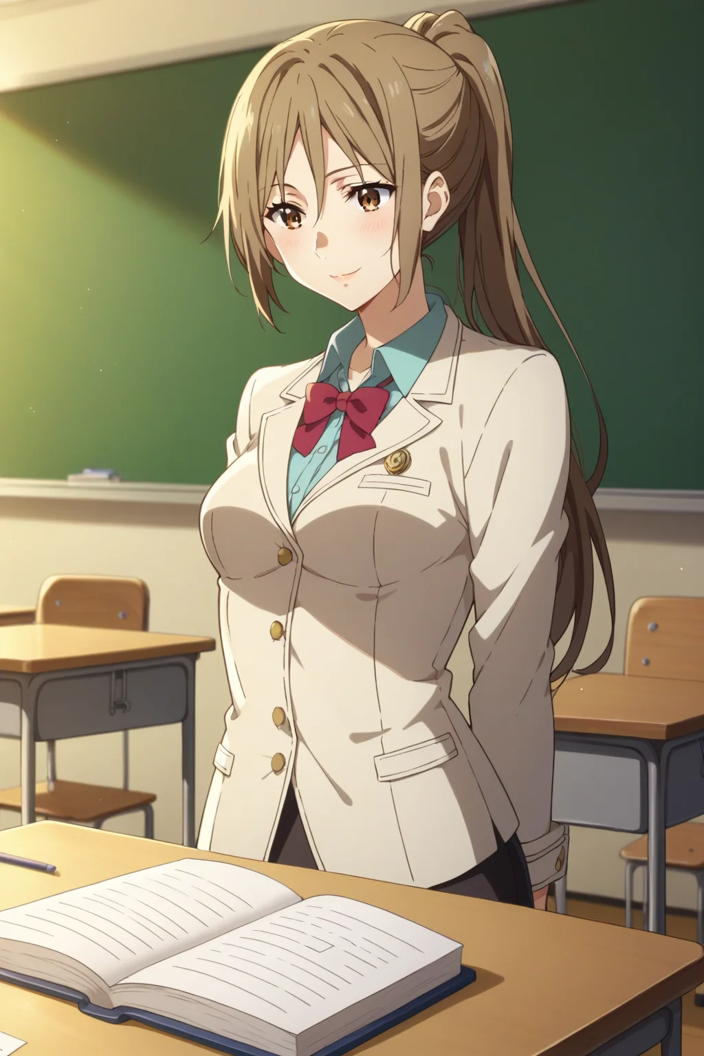 score_9, score_8_up, score_7_up, source_anime, 1girl, prefect lighting, very aesthetic, intricate details, highly detailed background, masterpiece, high quality, prefect hands, best quality, solo,
<lora:Shizuku_Ninomiya_Beyond_The_Boundary_V1:.8>, KJOshizuku, brown hair, brown eyes, hair between eye, long hair,
collared shirt, black miniskirt, black legwear, ponytail,
arms behind back, seductive smile,, blush,
classroom, desks
(Beautiful, medium Breasts:1.2), natural breasts,