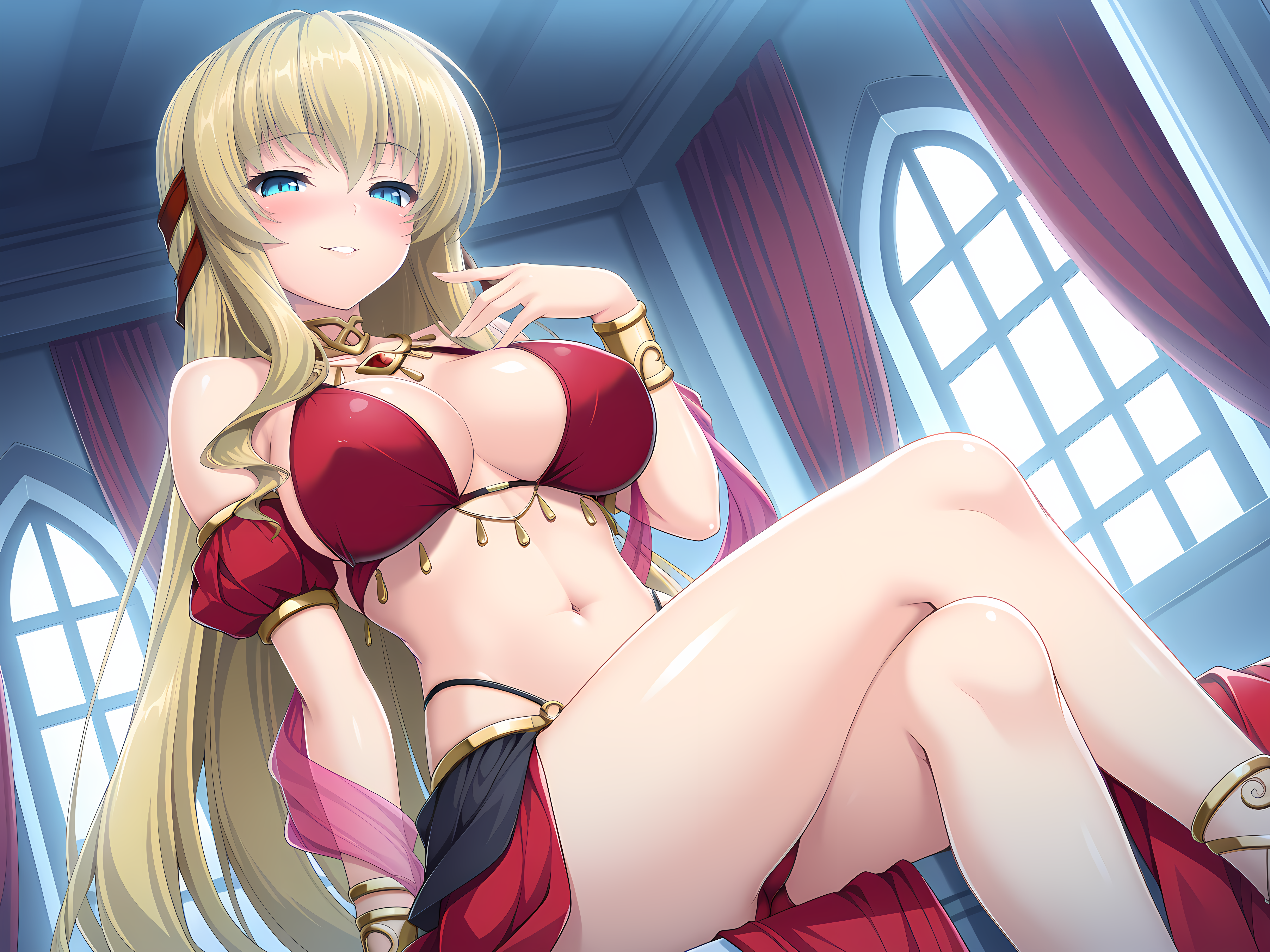 <lora:Ries_-_Illustrious:0.7>,ries,dancer clothes,lusterise,indoors,seductive smile,blush,red bikini,very long hair,large breasts,sitting,navel,crossed legs,, masterpiece,best quality,amazing quality,