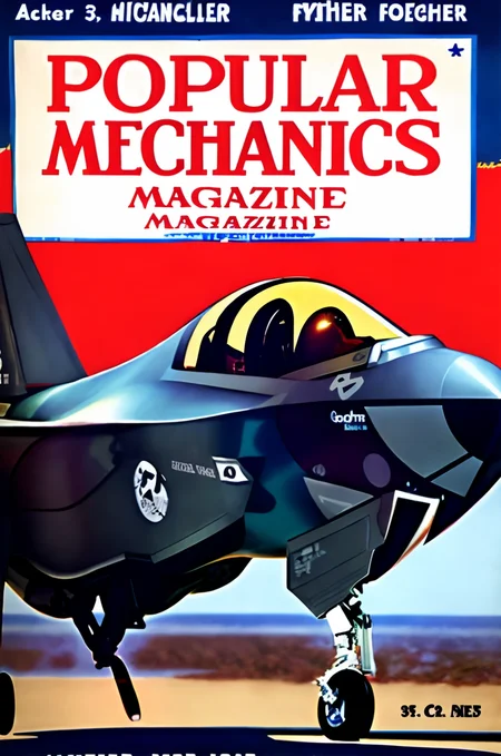 popularmechanics magazine cover showing the (f-35 fighter), high quality, high resolution scan, intricate detail  <lora:hjpopularmechanics_v10:0.8>