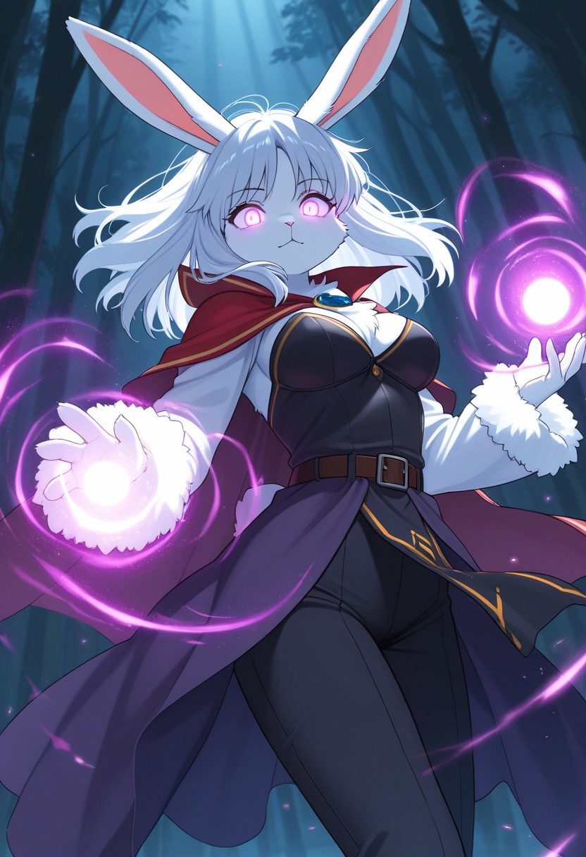 masterpiece, best quality, high quality, high details, source_anime, score_9, score_8_up, score_7_up, extremely detailed, detailed clothes, 
1girl, furry, anthro, solo, rabbit girl, clothed, body fur, white rabbit, white fur, fluffy, medium breasts, mage, casting magic, magic effects, mana in hands, magic light, 
Dramatic atmosphere, sound effects, hight mysteries forest, glowing eyes,