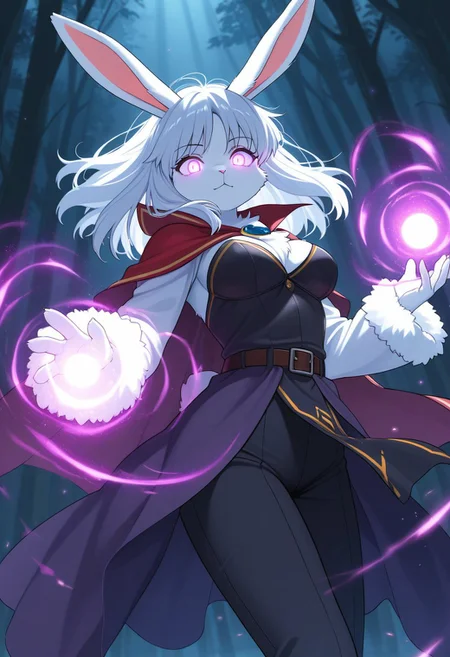 masterpiece, best quality, high quality, high details, source_anime, score_9, score_8_up, score_7_up, extremely detailed, detailed clothes, 
1girl, furry, anthro, solo, rabbit girl, clothed, body fur, white rabbit, white fur, fluffy, medium breasts, mage, casting magic, magic effects, mana in hands, magic light, 
Dramatic atmosphere, sound effects, hight mysteries forest, glowing eyes,