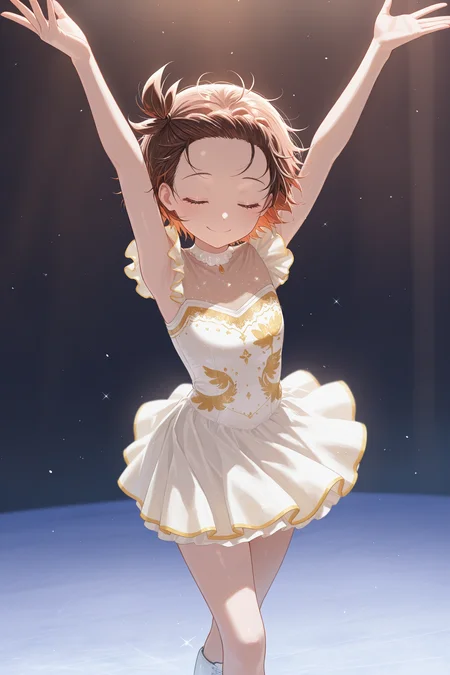 masterpiece, best quality, absurdres, safe
1girl, yuitsuka inori, ice skates, crossed legs, standing, arms up, smile, closed mouth, closed eyes, dress
<lora:ice_skates_il_1_d16:1>