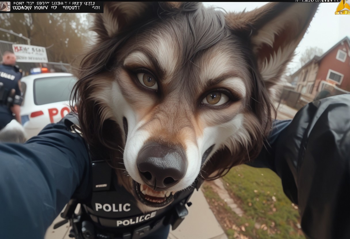 score_9, score_8_up, score_7_up, BREAK
pov, police bodycam footage, first person, low quality, fake screenshot, fisheye lens, BREAK,
Furry wolf girl being arrested