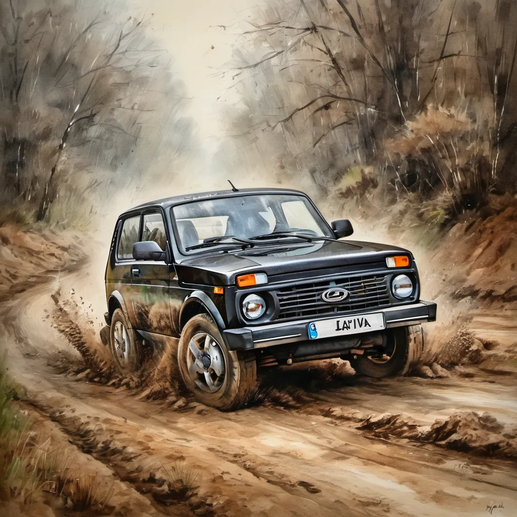 a painting of lada_niva on dirty road, mud <lora:lada_niva:1>