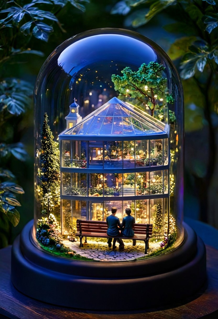 A meticulously crafted glass dome encapsulating a serene miniature version of park with lovers on a bench. lovers are entwined, it's the night and lights of buildings create an incredible render, details are incredible. The atmosphere is tranquil and enchanting, evoking a sense of magical realism,