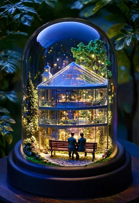 A meticulously crafted glass dome encapsulating a serene miniature version of park with lovers on a bench. lovers are entwined, it's the night and lights of buildings create an incredible render, details are incredible. The atmosphere is tranquil and enchanting, evoking a sense of magical realism,