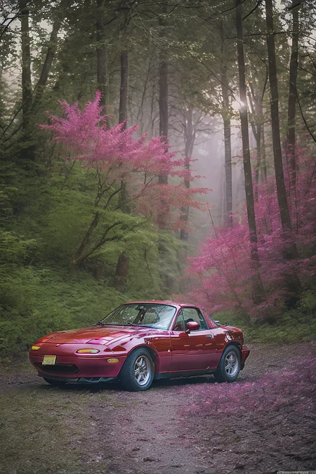 side photo of red MazdaMiata in a foggy forest with pink and purple ambient light, pink fog, high quality photo, lens flare, bokeh, 8k resolution, 1car, gobo lights, warm ambient light, volumetric light, neon lights, depth of field, analog, foggy atmosphere, lens flares, light bloom, portra 800 film, <lora:MazdaMiatav1:.8>, <lora:analogdiffusion_Lora300:.2>