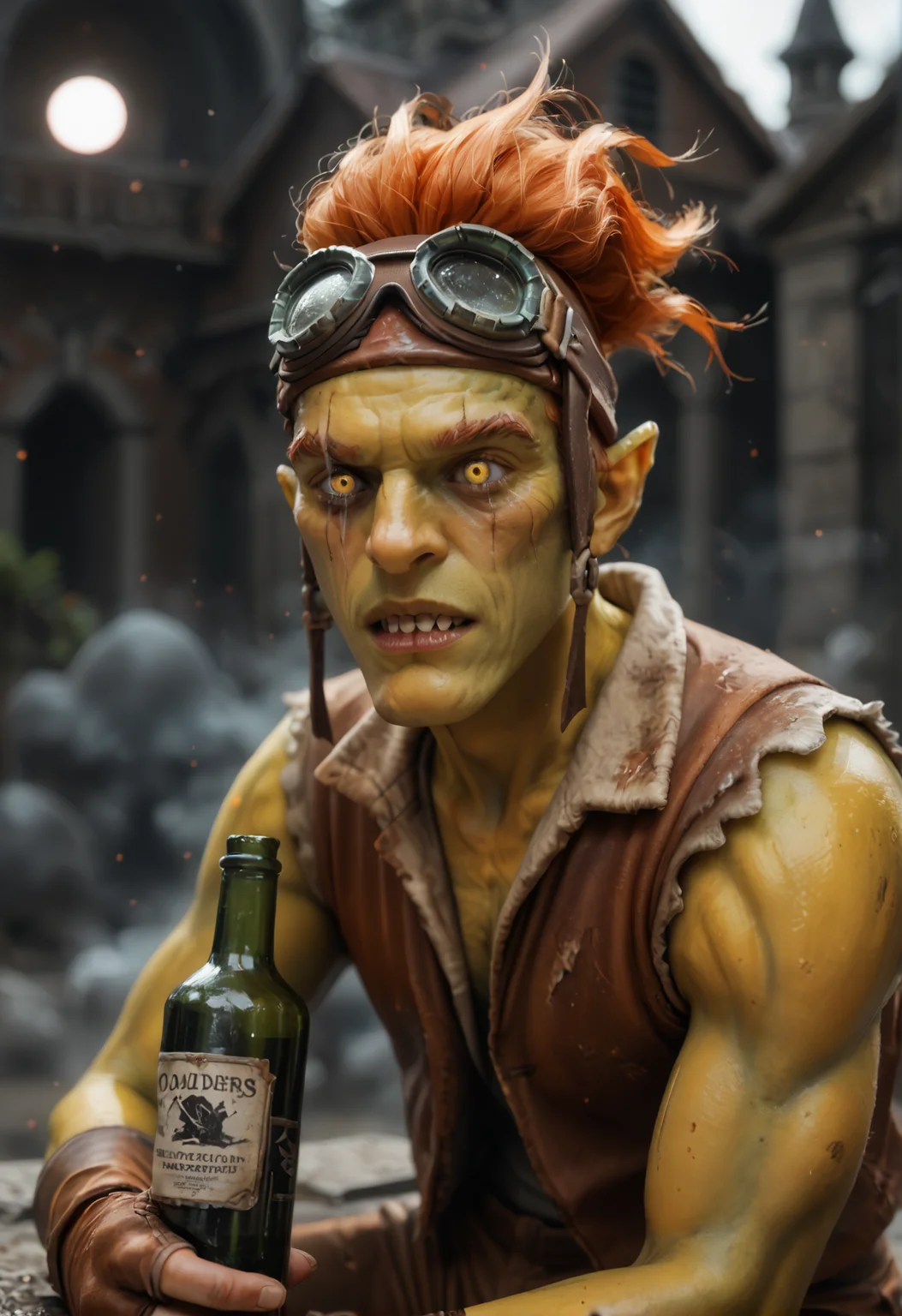 <lora:batrider_v3:0.8> batrider_v3
1boy, yellow skin, green skin,
pointy ears,
colored skin,
teeth, sharp teeth,
orange hair,
yellow eye, scar,
gloves, goggles, goggles on head,,  brown long shorts, score_9, score_8_up, score_7_up, score_6_up, derpibooru_p_95,
detailed eyes, beautiful, detailed background, perfect eyes,
blur censor, blurry, blurry background, blurry foreground, bokeh, motion blur,
chromatic aberration, depth of field, figure, focused,  focus
photography, realistic sun light and shadows, photorealism, UHD --ar 9:16 --style raw --stylize 700,
solo,
fog, tombstones looming like silent sentinels in the blood red-moonlight, graves, Wisps of darkness coil around them, whispering ancient curses, a blood-red moon, bottle of booze,disheveled clothes, pure sadness, sorrow, tears,