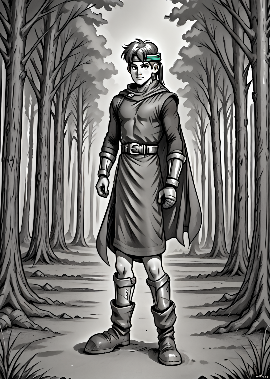 maxsf, solo, male focus, headband, cape, belt, boots, full body, tunic, standing, forest, pencil sketch, monochrome, dynamic pose, <lora:Max-000005:1>
