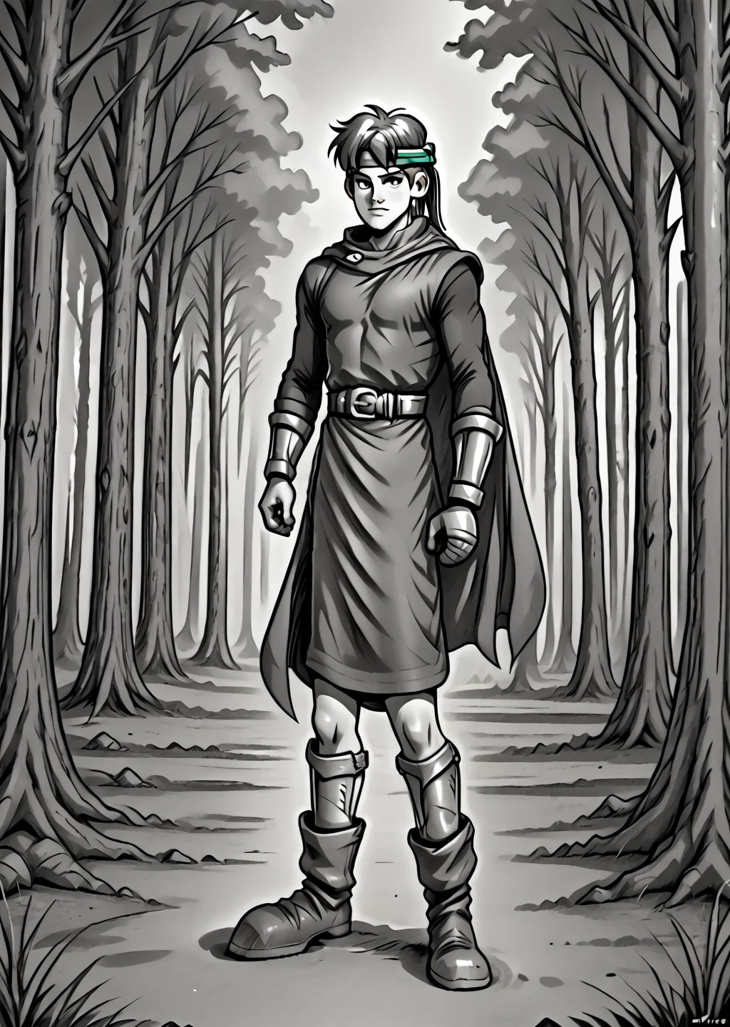 maxsf, solo, male focus, headband, cape, belt, boots, full body, tunic, standing, forest, pencil sketch, monochrome, dynamic pose, <lora:Max-000005:1>