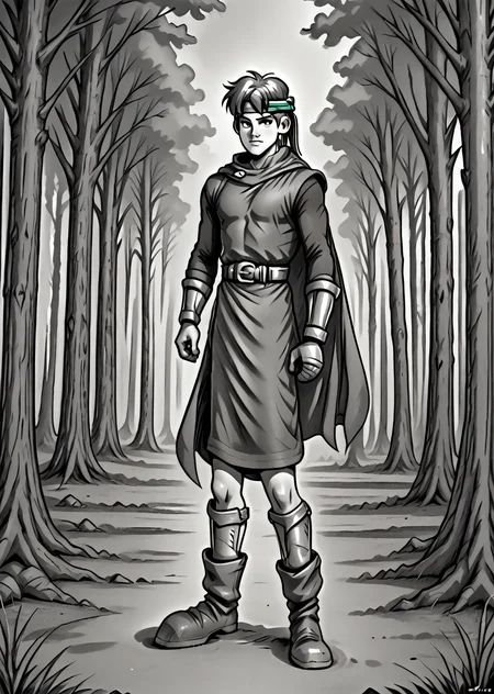 maxsf, solo, male focus, headband, cape, belt, boots, full body, tunic, standing, forest, pencil sketch, monochrome, dynamic pose, <lora:Max-000005:1>