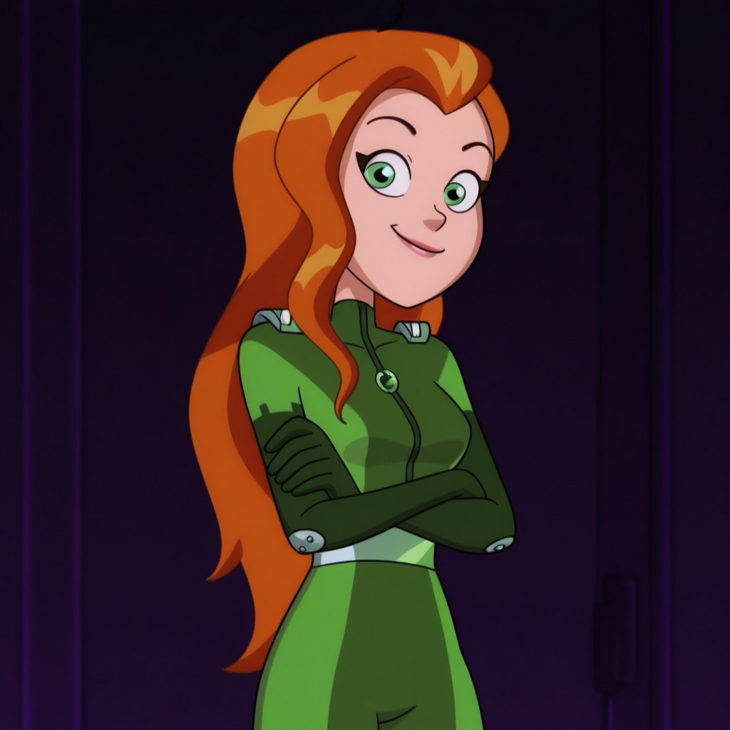 masterpiece, best quality, good quality, 1girl, solo, cartoon, totally_spies_2k24, sam, orange hair, green eyes, green bodysuit, sexy, medium breasts, beautiful, detailed, high detailed, very beautiful, detailed face, detailed eyes, detailed hand, abstract background, neon, smile, posing, standing, crossed arms, looking at viewer, face focus, <lora:TheOwlHouse:0.8> tohstyle, extremely detailed, highres, masterpiece, best quality