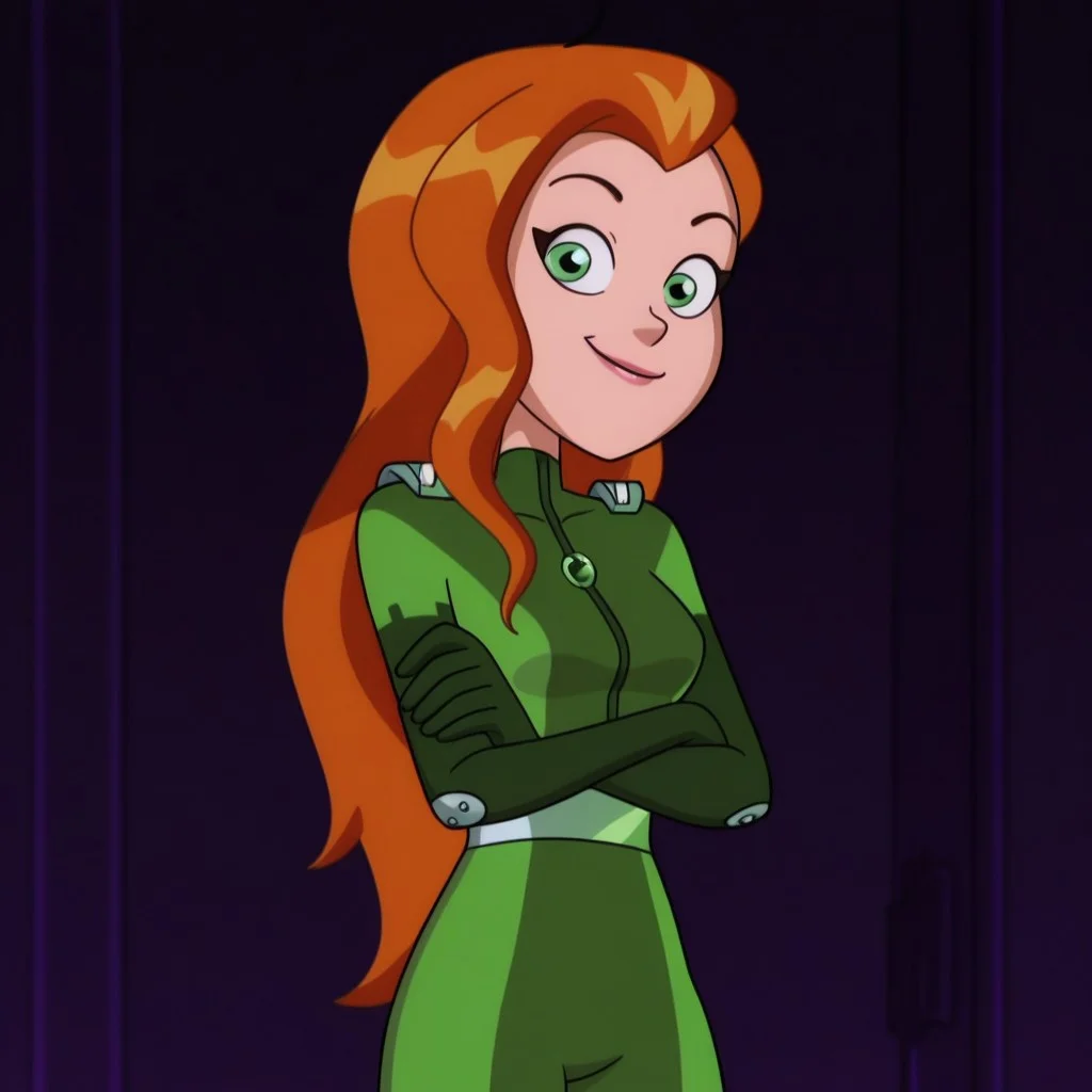 masterpiece, best quality, good quality, 1girl, solo, cartoon, totally_spies_2k24, sam, orange hair, green eyes, green bodysuit, sexy, medium breasts, beautiful, detailed, high detailed, very beautiful, detailed face, detailed eyes, detailed hand, abstract background, neon, smile, posing, standing, crossed arms, looking at viewer, face focus, <lora:TheOwlHouse:0.8> tohstyle, extremely detailed, highres, masterpiece, best quality