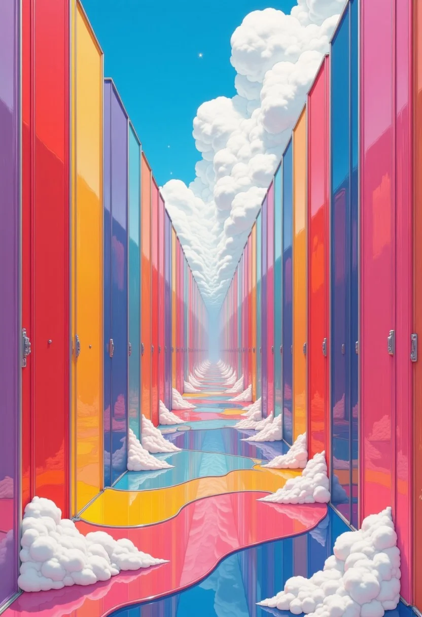looking down a sleek modern bright colorful hallway floating in the clouds filled doors main for transulent glass, behind each lies a different artists studio