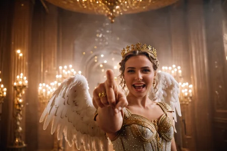 cinematic film still {Celestial Queen to the side with wings and gold trims} (Pointing Finger At Viewer) and laughing <lora:Pointing_Finger_At_You_-_By_DICE:0.9> inside a Hall with {bells, decor, angel, sparkle, glitter, ash, dust particles, aurora}, <lora:add-detail-xl:0.6> . shallow depth of field, vignette, highly detailed, high budget, bokeh, cinemascope, moody, epic, gorgeous, film grain, grainy