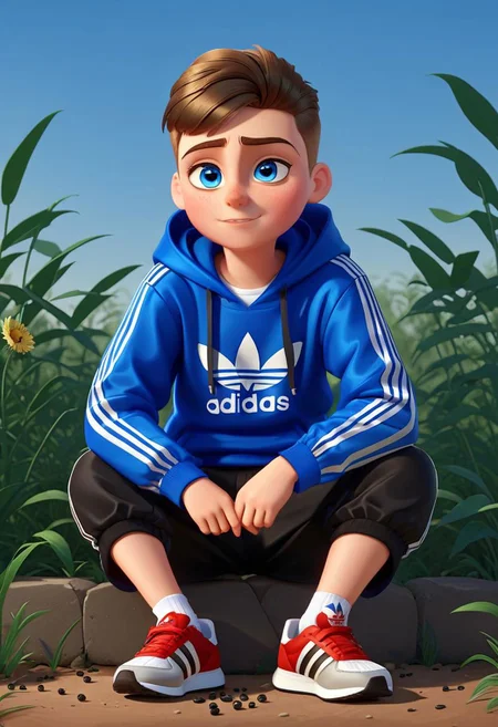 3d cartoon a front view of a russian gopnik boy sat down, eating black seeds, dressed in clothes from adidas, Blue top, black bottom, red sneakers, (nature detailed background:1.25), soft lighting, 3DAnimationStyle