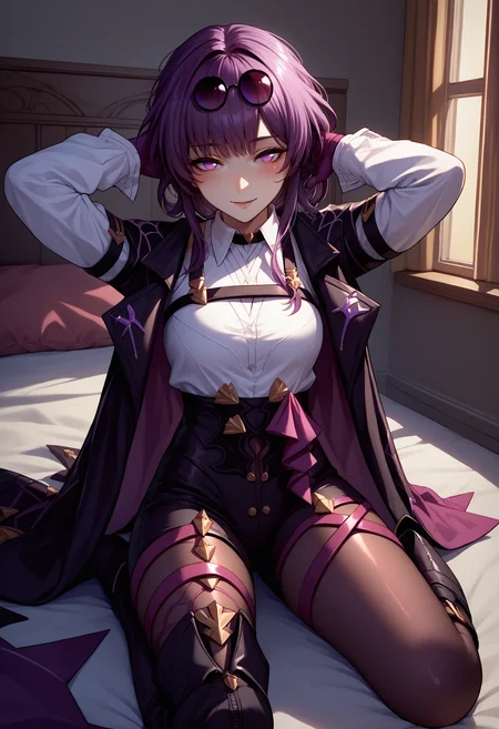 score_9, score_8_up, score_7_up, source_anime, kafka, purple eyes, bangs, eyewear on head, <lora:Kafka_XLPD:1>, collared white shirt, long sleeves, jacket on shoulders, black jacket, black shorts, gloves, purple gloves, pantyhose under shorts, criss-cross straps, thigh strap, purple pantyhose, (thigh boots:1.1), asymmetrical legwear, kneeling, sitting, arms behind head, looking at viewer, shiny, shiny skin, seductive smile, blush, indoors, bed, boots, sitting, cowboy shot,