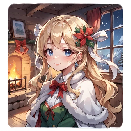 (score_9, score_8_up, score_7_up), source anime, <lora:backgroundsetXL:0.2> , background, indoor, interior, winter, log cabin, fireplace, sparkles, glitter, fairies, mountain, BREAK
<lora:Priscilla:0.6> , prdef, 1girl, blonde hair, blue eyes, long hair, hair ornament, hair ribbon, white hair ribbon, neck ribbon, yellow neck ribbon, hair flower, earrings, capelet, fur-trimmed capelet, smile, ((close-up, face)), christmas (theme), perfect hands, arms at sides, looking at viewer, <lora:3th3r34lXLP:0.5> , 3th3r34l,