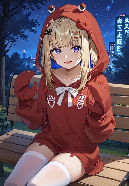 1girl, solo, solo focus, highres, absurdres, ShiinaCrab, bangs, hair ornament, red hoodie, long hair, blue eyes, blonde hair, hood, ((hood up,)) long sleeves, hair clip, thighhighs, purple eyes, sleeves past wrists, multicolored hair, white bow, collarbone,
looking at viewer, sitting, hands up, smile, open mouth,
park, park bench, night, night sky, neon lights, shade,