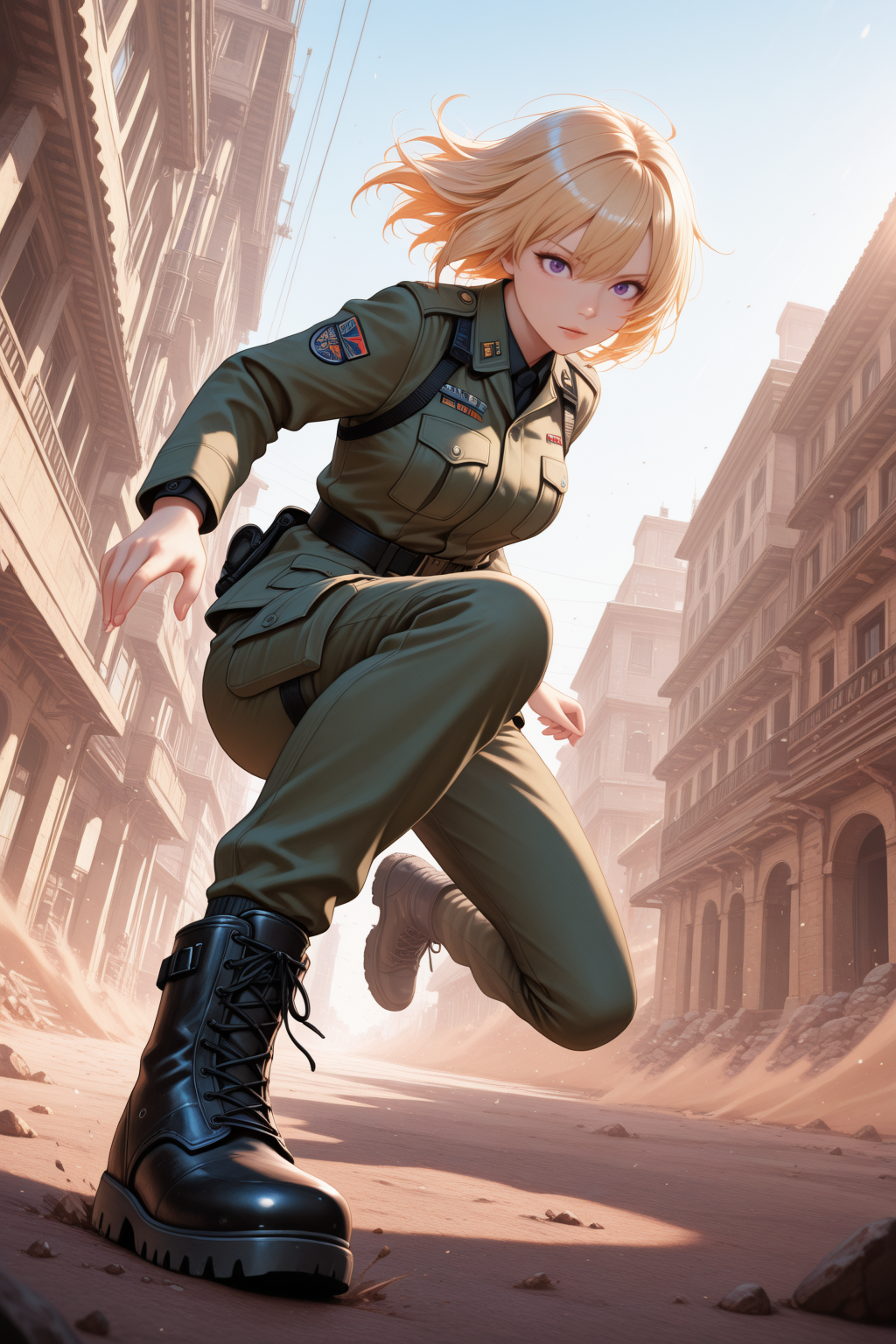 embedding:lazypos, action style, radical movement, extreme perspective, 1girl, purple eyes, blonde hair, military suit, robotic combat boots, jumping in the air, doing a kame hame ha!, vibrant colors, whimsical but dangerous scene, daytime shot, day in the morning, exterior, sunny desert, dynamic composition <lora:TrendCraft_The_Peoples_Style_Detailer-v1.0A-3_13_2025-illustrious:0.2>