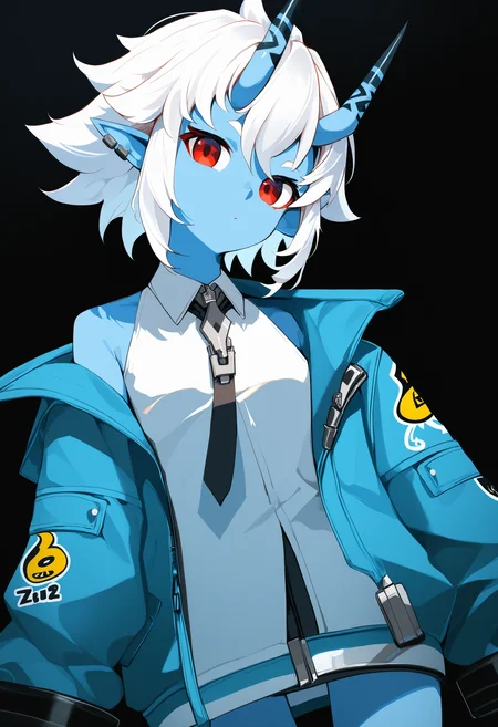 score_9, score_8_up, score_7_up, masterpiece, best quality,
soukaku \(zenless zone zero\), blue oni, black horns, horn markings, skin-covered horns, colored skin, 1girl, solo, white hair, off shoulder, open jacket, red eyes, pointy ears, short hair, looking at viewer, black necktie, blue skin, oni girl, oni,
black background, atmospheric,
cowboy shot
<lora:oni_girl_concepts_v2:1>