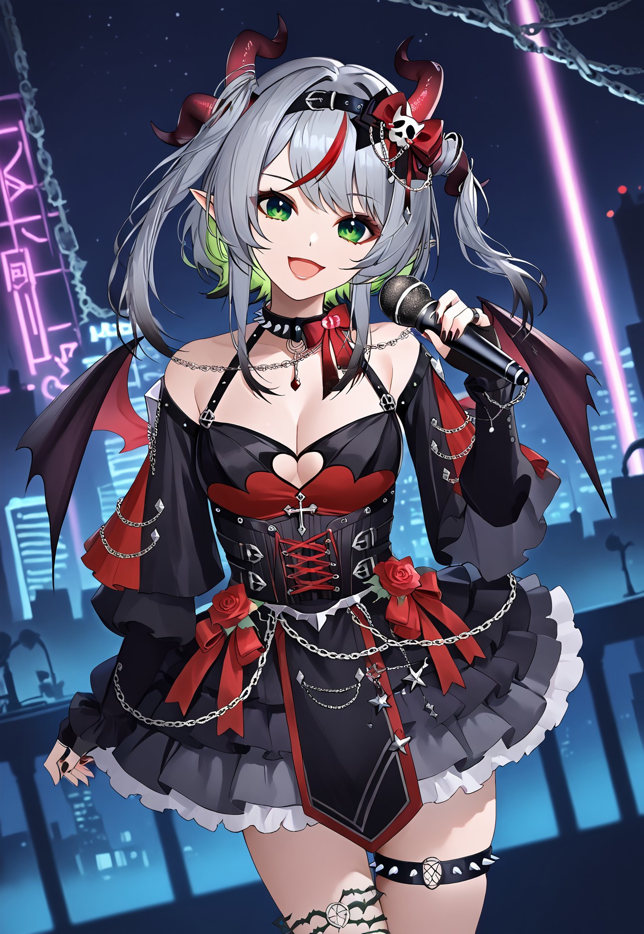 safe_pos, 1girl, solo, solo focus, highres, absurdres, FrootVampIdol, green eyes, multicolored hair, streaked hair, demon horns, bangs, grey hair, red hair, hair ornament, pointy ears, black hairband,

demon wings, cleavage, black dress, bow, clothing cutout, flower, red rose, jewelry, spiked choker, bare shoulders, detached sleeves, fingerless gloves, chain, corset, thigh strap,

looking at viewer, smile, open mouth, singing, head tilt, hand up, holding microphone, dutch angle,
 
cityscape, neon lights, night, night sky, dark,