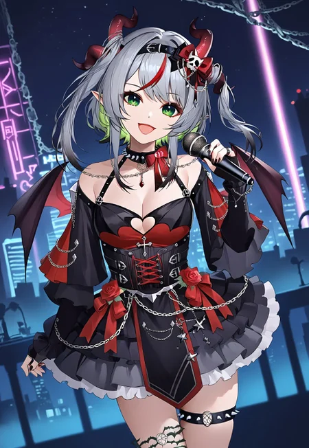 safe_pos, 1girl, solo, solo focus, highres, absurdres, FrootVampIdol, green eyes, multicolored hair, streaked hair, demon horns, bangs, grey hair, red hair, hair ornament, pointy ears, black hairband,
demon wings, cleavage, black dress, bow, clothing cutout, flower, red rose, jewelry, spiked choker, bare shoulders, detached sleeves, fingerless gloves, chain, corset, thigh strap,
looking at viewer, smile, open mouth, singing, head tilt, hand up, holding microphone, dutch angle,
cityscape, neon lights, night, night sky, dark,