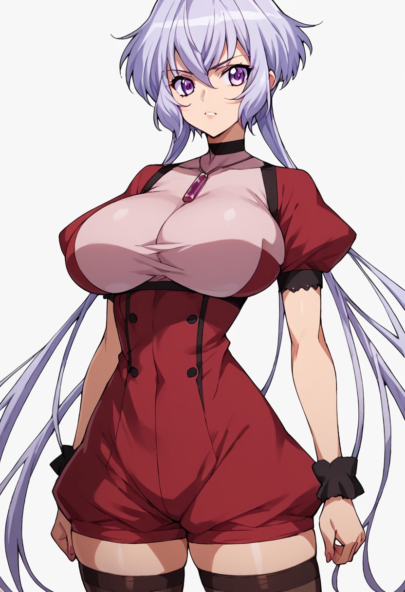 score_9, score_8_up, score_7_up, score_6_up, score_5_up, score_4_up, masterpiece, anime_lineart anime coloring, solo, big breasts , large thighs, thin waist, White background, Chris Yukine (Season 01), Long hair, twintails, purple eyes, Pink blouse, thighhigh,