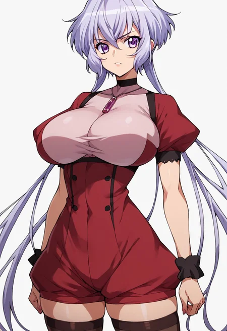 score_9, score_8_up, score_7_up, score_6_up, score_5_up, score_4_up, masterpiece, anime_lineart anime coloring, solo, big breasts , large thighs, thin waist, White background, Chris Yukine (Season 01), Long hair, twintails, purple eyes, Pink blouse, thighhigh,